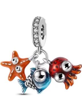Pandora Silver Charm Bracelet Orange Star & Fish Charms Cute